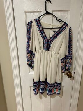 Lily Rose Cream Mini Dress with Blue & Coral Embroidery